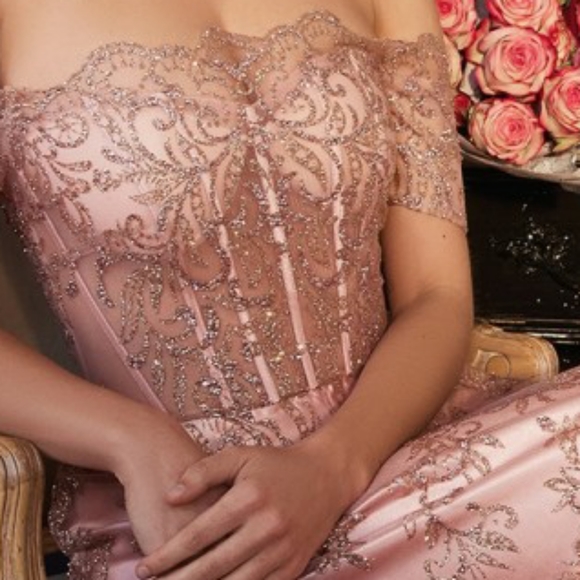 New long emerald, platinum, rose gold off the shoulder glitter tulle lace up - Picture 6 of 9